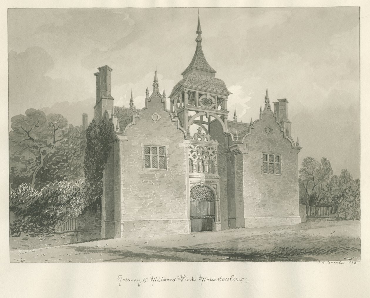 Worcestershire - Westwood Park - Entrance Gate: sepia drawing, 1833dani af John Chessell Buckler