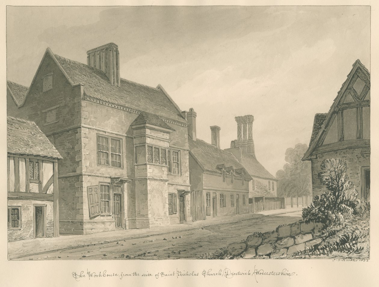 Worcestershire - Droitwich - Workhouse: sepia tegning af John Chessell Buckler