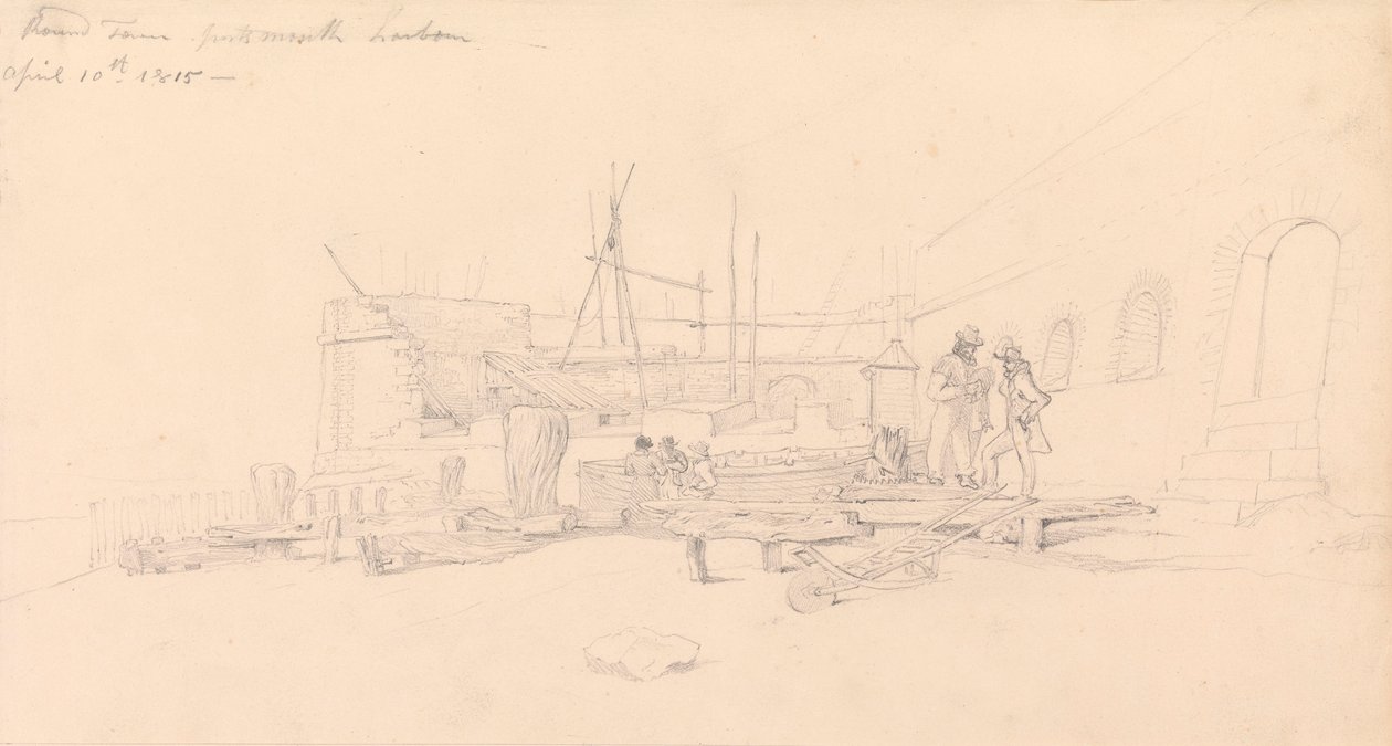 Tegning af Round Tower, havnen i Portsmouth af John Christian Schetky