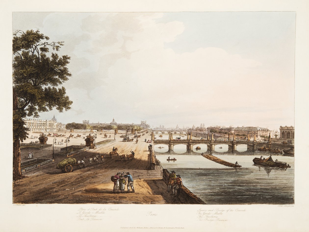 Square og Bridge of the Concorde; Garde Meuble; Thuillerierne; The Bridge Reunion, illustration fra 
