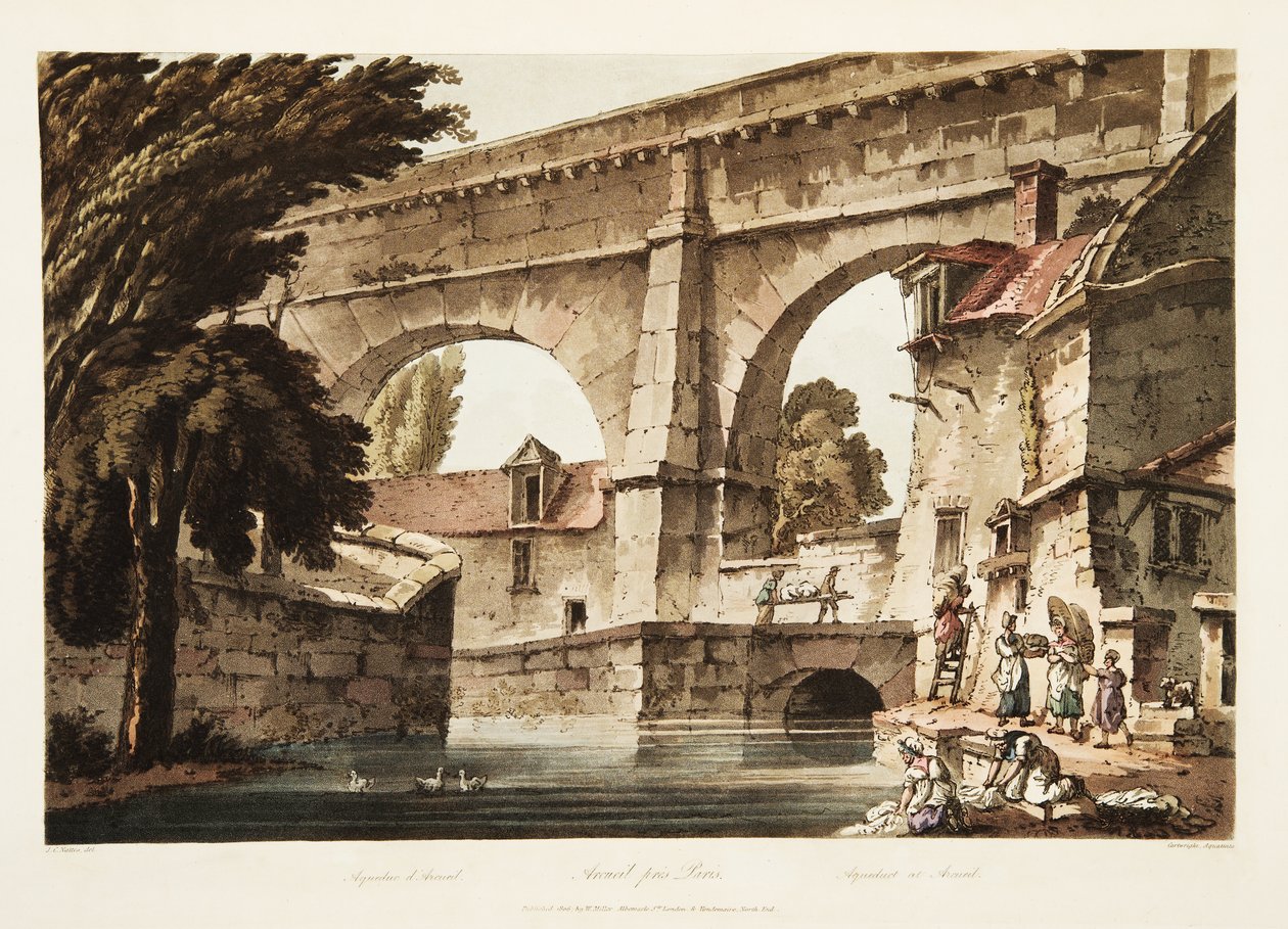 Akvædukt ved Arcueil, illustration fra Versailles, Paris og Saint Denis, pub. 1805 (akvatint) af John Claude Nattes