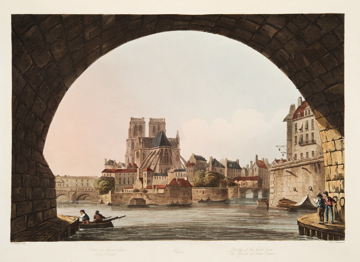 Broen over Hotel Dieu og Notre Dame-kirken, illustration fra Versailles, Paris og Saint Denis, pub. 1805 (akvatint) af John Claude Nattes