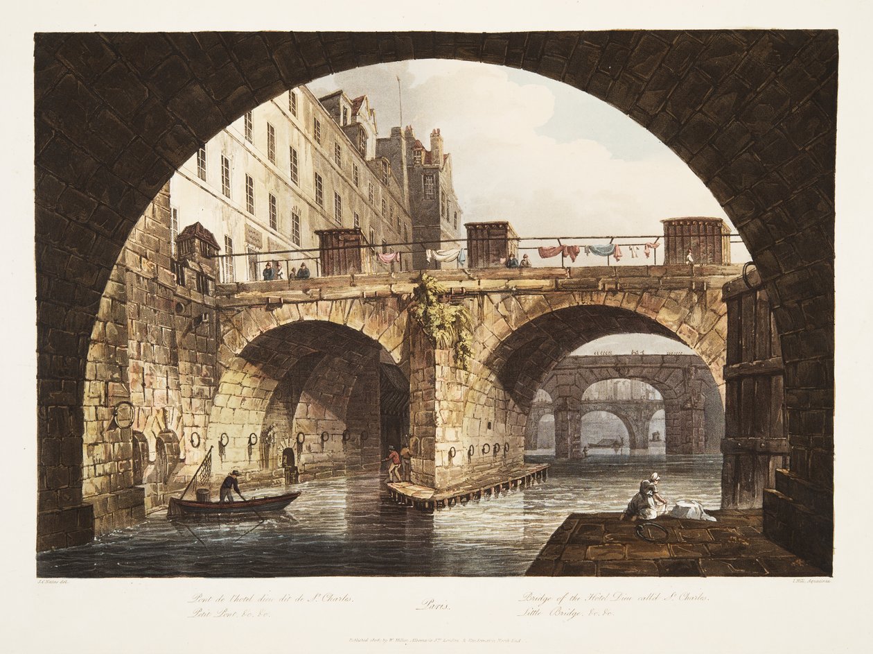 Bridge of the Hotel Dieu kaldet St Charles, Little Bridge, illustration fra Versailles, Paris og Saint Denis, pub. 1806 (akvatint) af John Claude Nattes