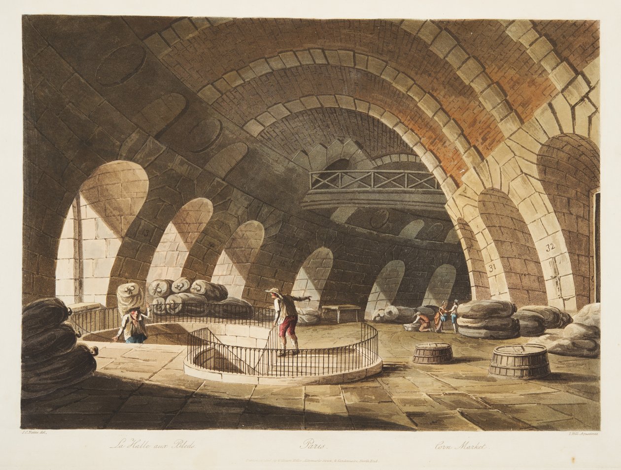 Corn Market, illustration fra Versailles, Paris og Saint Denis, pub. 1805 (akvatint) af John Claude Nattes