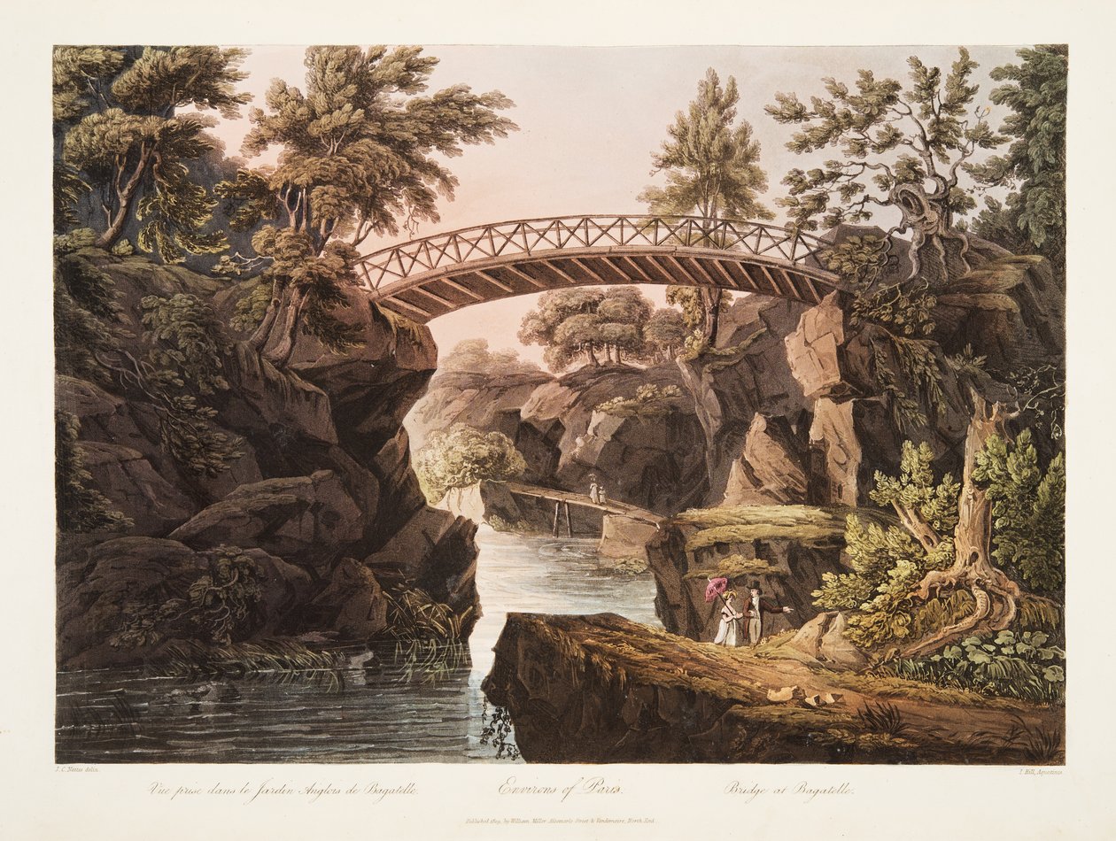 Environs of Paris, Bridge at Bagatelle, illustration fra Versailles, Paris og Saint Denis, pub. 1809 (akvatint) af John Claude Nattes