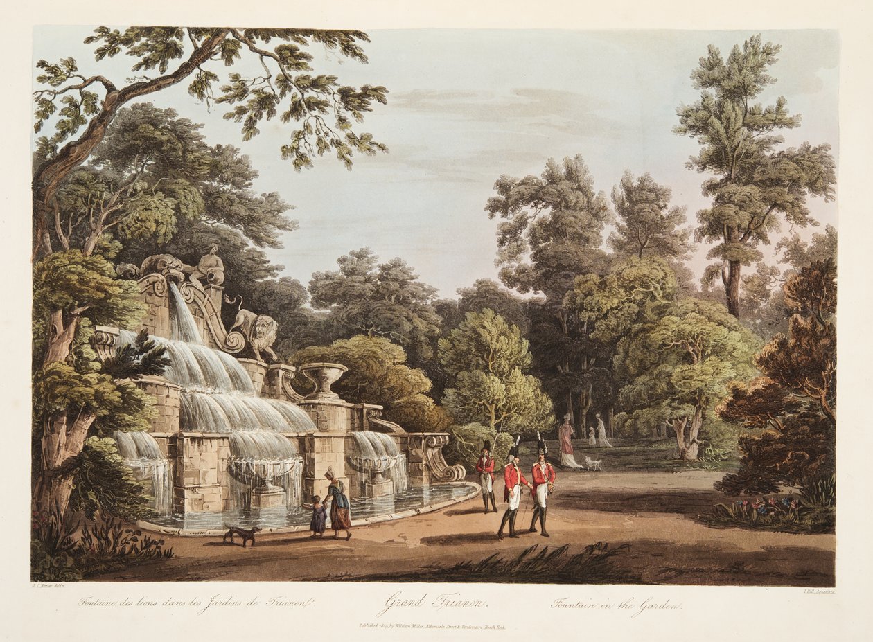 Grand Trianon, Fountain in the Garden, illustration fra Versailles, Paris og Saint Denis, pub. 1805 (akvatint) af John Claude Nattes