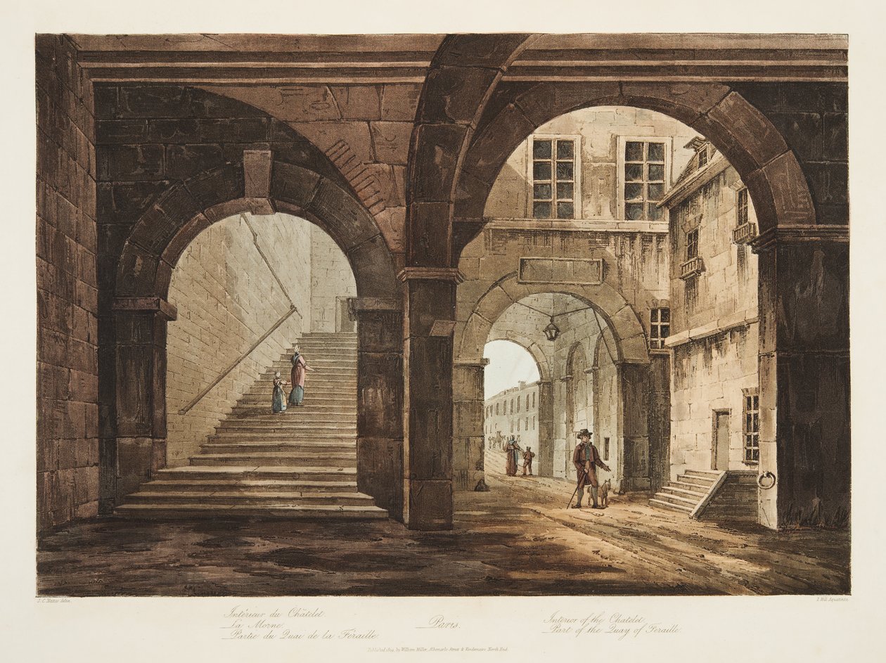 Interiør af Chatelet, del af Feraille-kajen, illustration fra Versailles, Paris og Saint Denis, pub. 1809 (akvatint) af John Claude Nattes