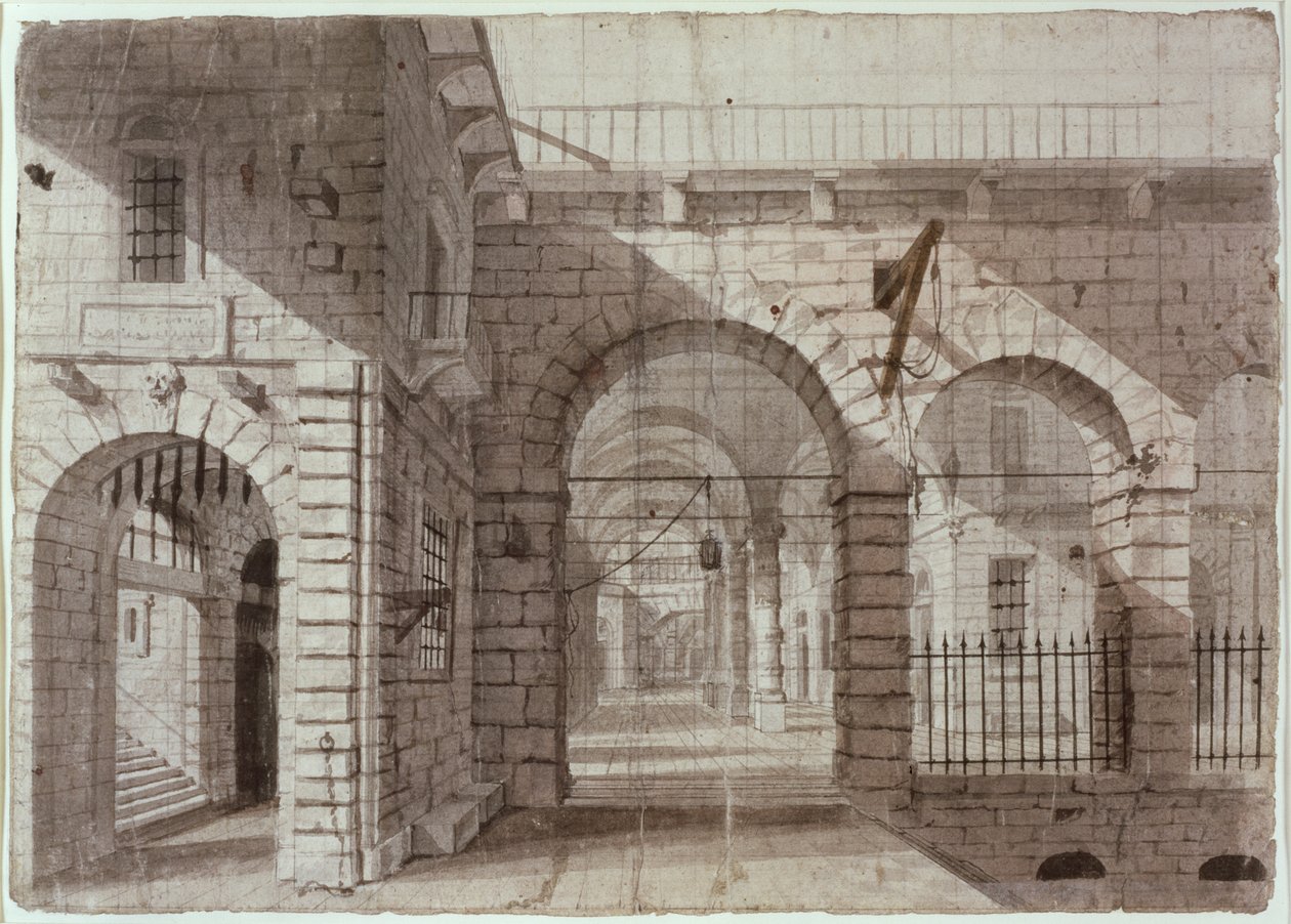 Newgate Prison Courtyard (blæk og vask på papir) af John Claude Nattes