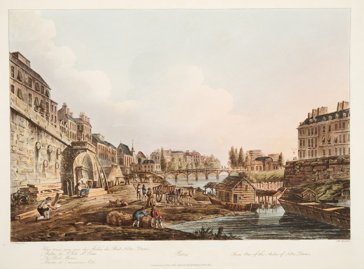 En af Notre Dames buer, illustration fra Versailles, Paris og Saint Denis, pub. 1809 (akvatint) af John Claude Nattes