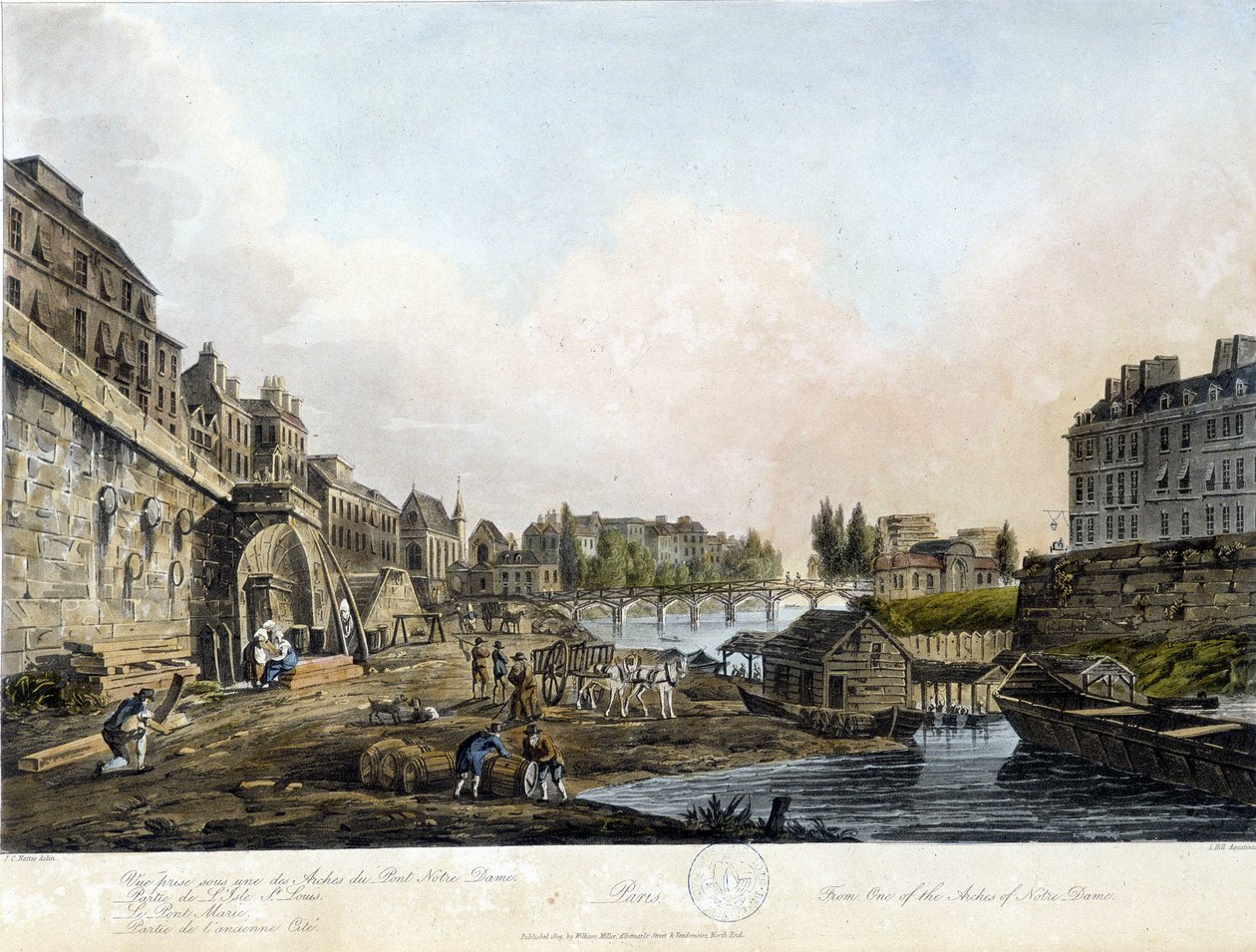 Paris: Udsigt over Pont Notre-Dame - i "Paris vu par J.C. Mats", red. Miller, London af John Claude Nattes