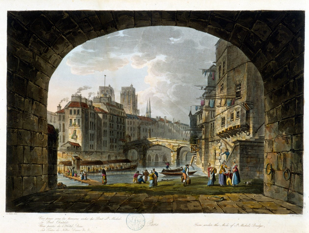 Paris: Pont Chatelet eller Peute Pont - i ""Paris vu par J.C. Mattes", red. Miller, London af John Claude Nattes