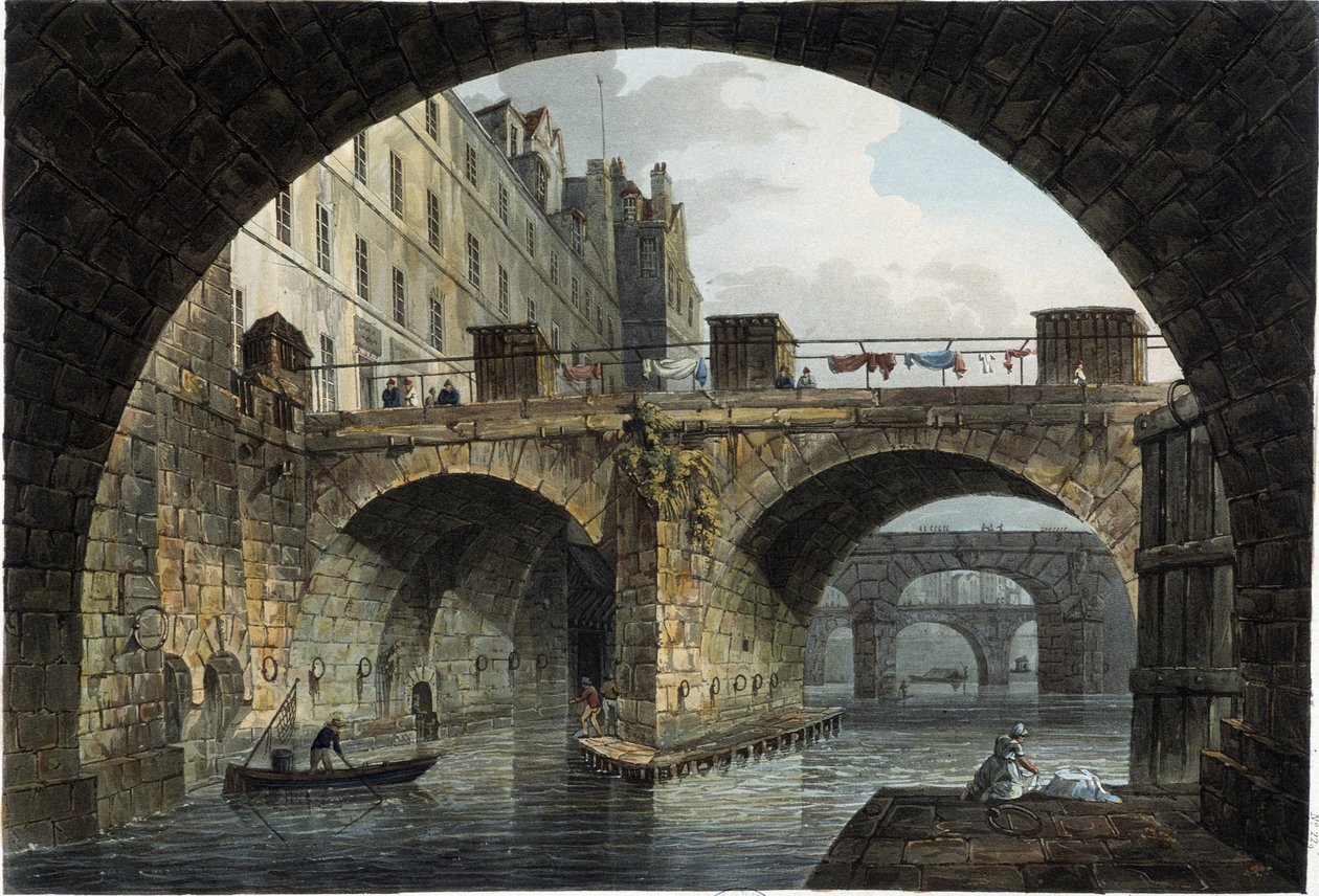 Paris: den lille bro og Hotel Dieu - i ""Paris vu par J.C. Mats", red. Miller, London af John Claude Nattes