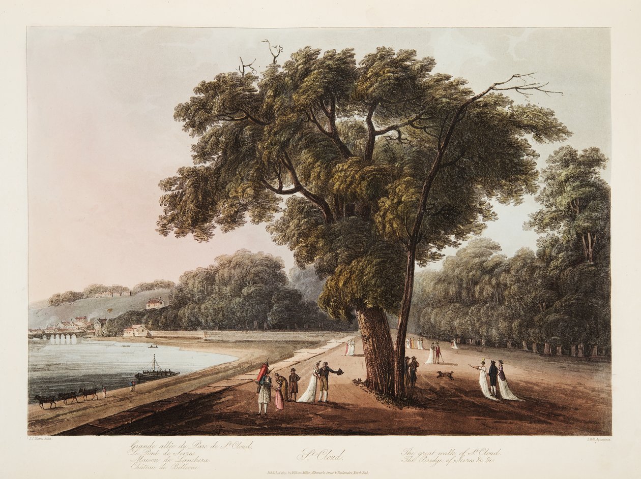 St Cloud, The Great Walk of St Cloud, The Bridge of Sevres, etc. etc., illustration fra Versailles, Paris og Saint Denis, pub. 1805 (akvatint) af John Claude Nattes