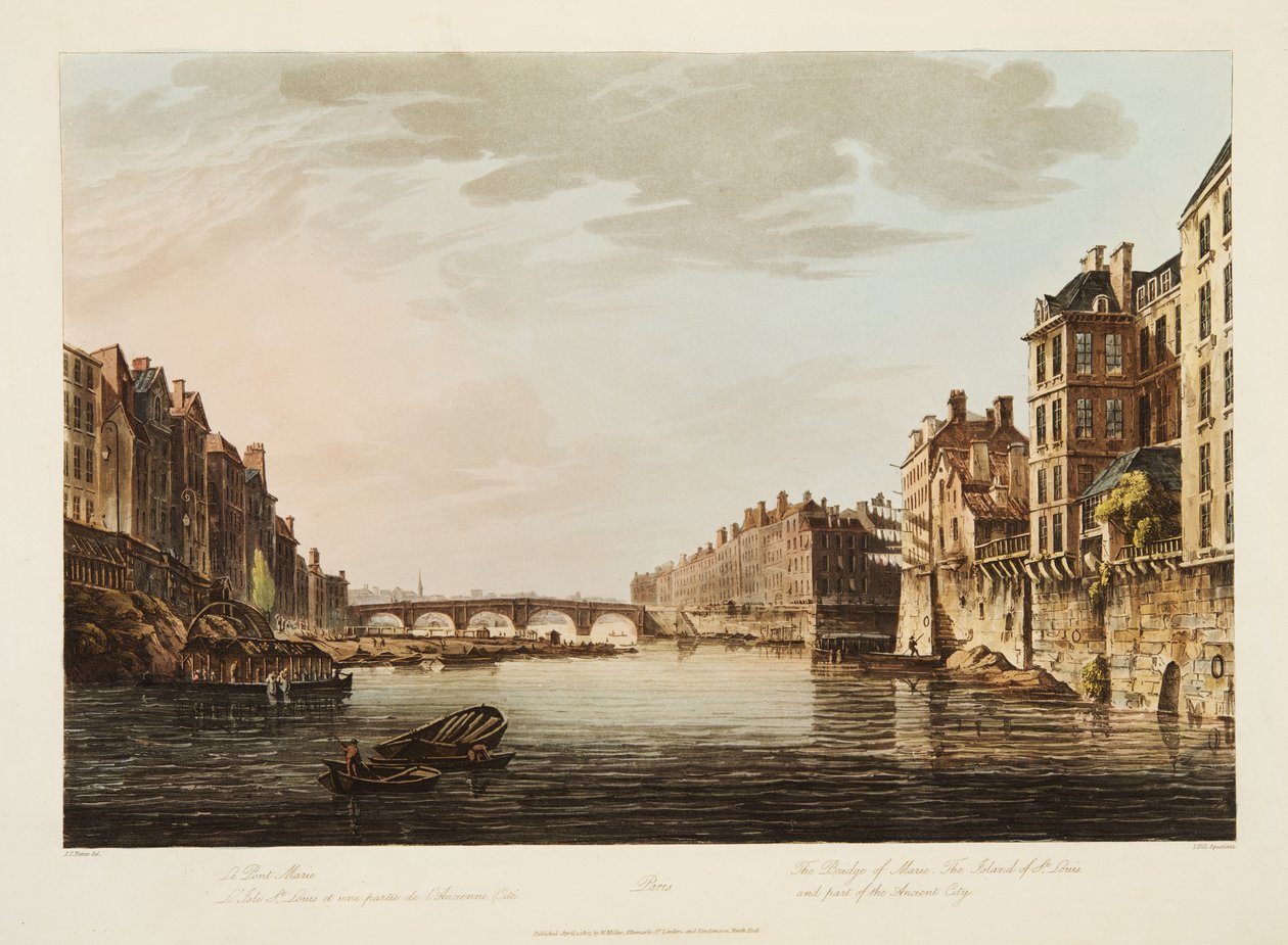 The Bridge of Marie, The Island of St Louis og en del af den antikke by, illustration fra Versailles, Paris og Saint Denis, pub. 1807 (akvatint) af John Claude Nattes