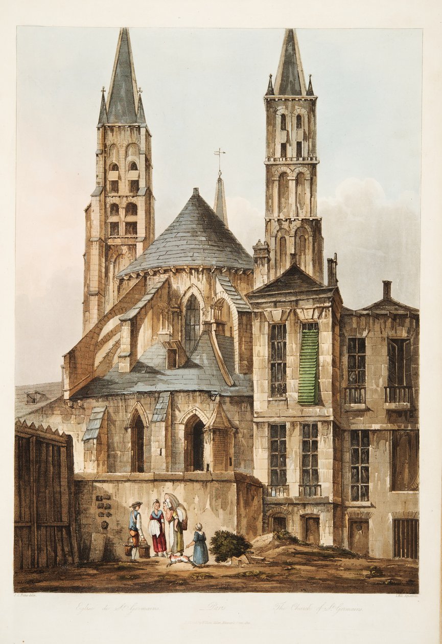 St. Germains-kirken, illustration fra Versailles, Paris og Saint Denis, pub. 1810 (akvatint) af John Claude Nattes