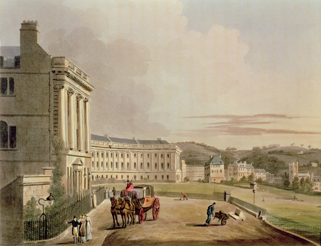 The Crescent, detalje af gaden, fra Bath Illustreret af en serie af udsigter, indgraveret af John Hill 1770-1850 pub. af William Miller, 1804 akvatintedetalje af 92988 af John Claude Nattes