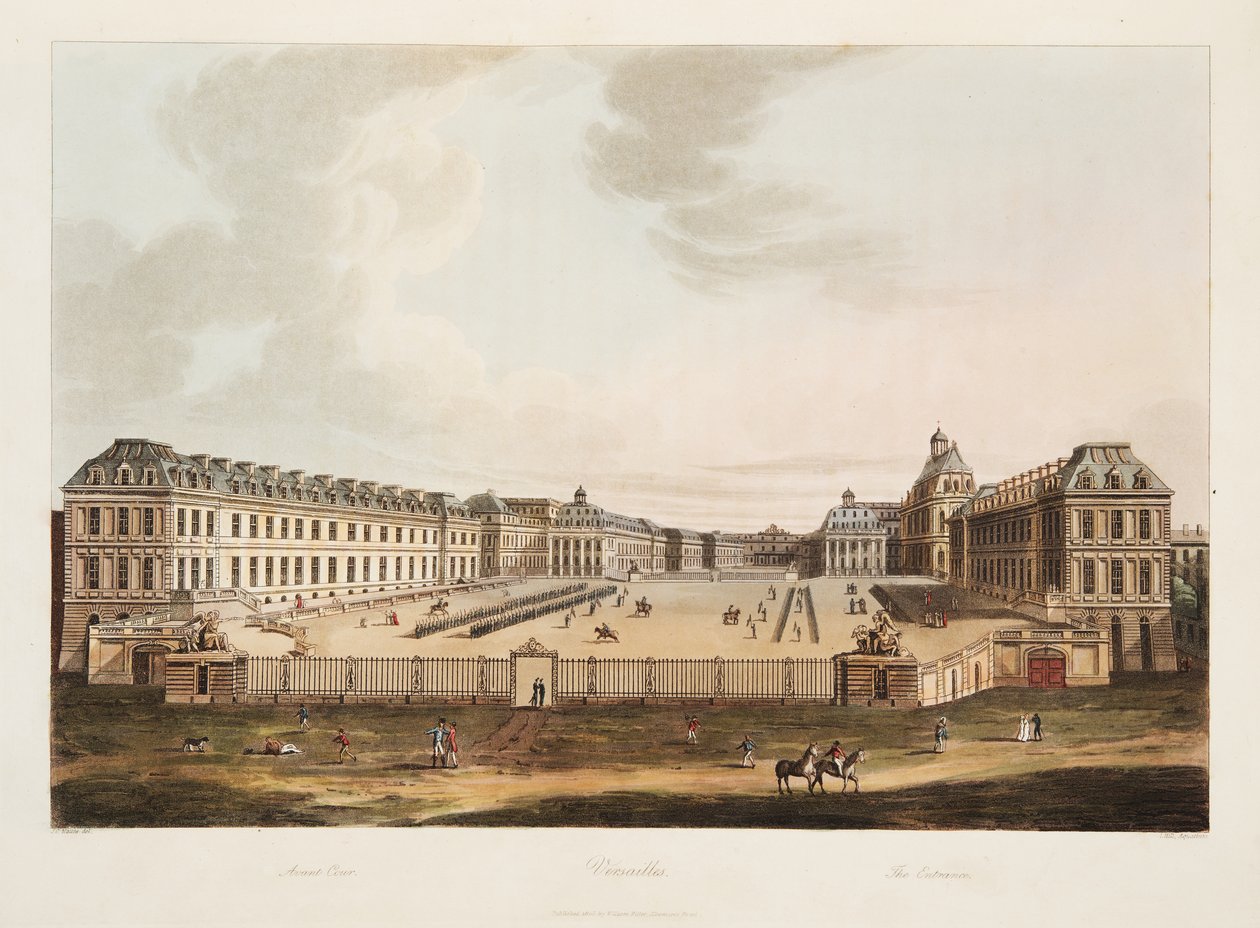 Indgangen, illustration fra Versailles, Paris og Saint Denis, pub. 1805 (akvatint) af John Claude Nattes