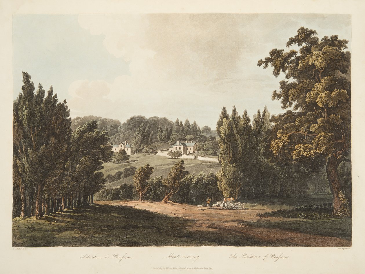 The Residence of Rousseau, illustration fra Versailles, Paris og Saint Denis, pub. 1809 (akvatint) af John Claude Nattes