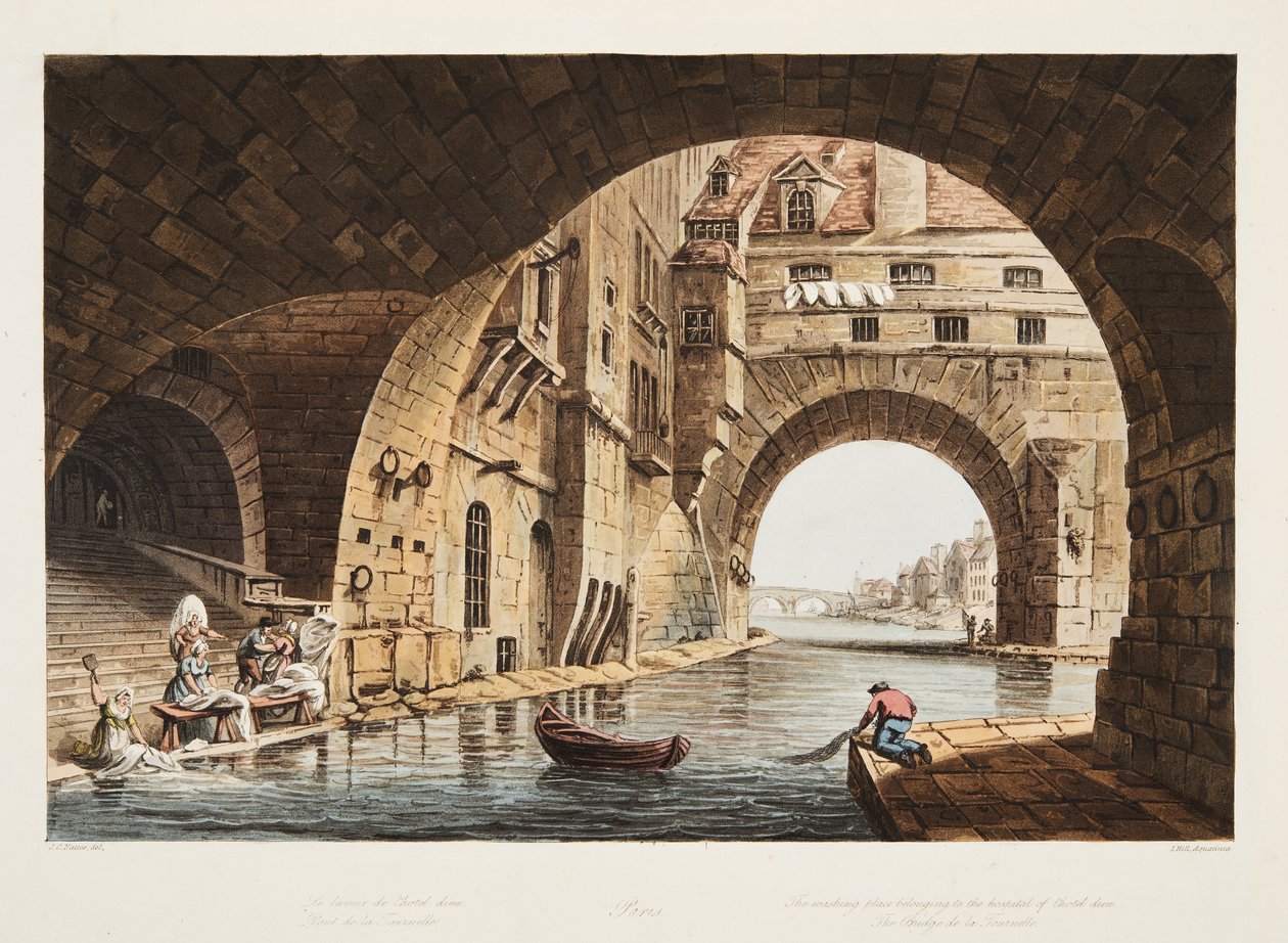 Vaskepladsen tilhørende hospitalet i Hotel-Dieu og Bridge de la Tournelle, illustration fra Versailles, Paris og Saint Denis, pub. 1805 (akvatint) af John Claude Nattes