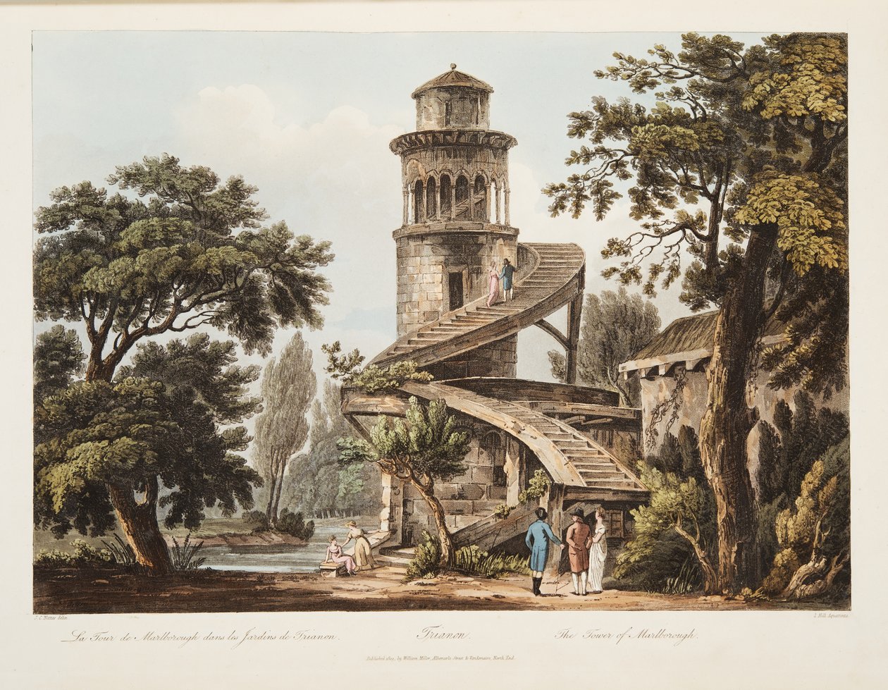 Trianon, The Tower of Marlborough, illustration fra Versailles, Paris og Saint Denis, pub. 1809 (akvatint) af John Claude Nattes