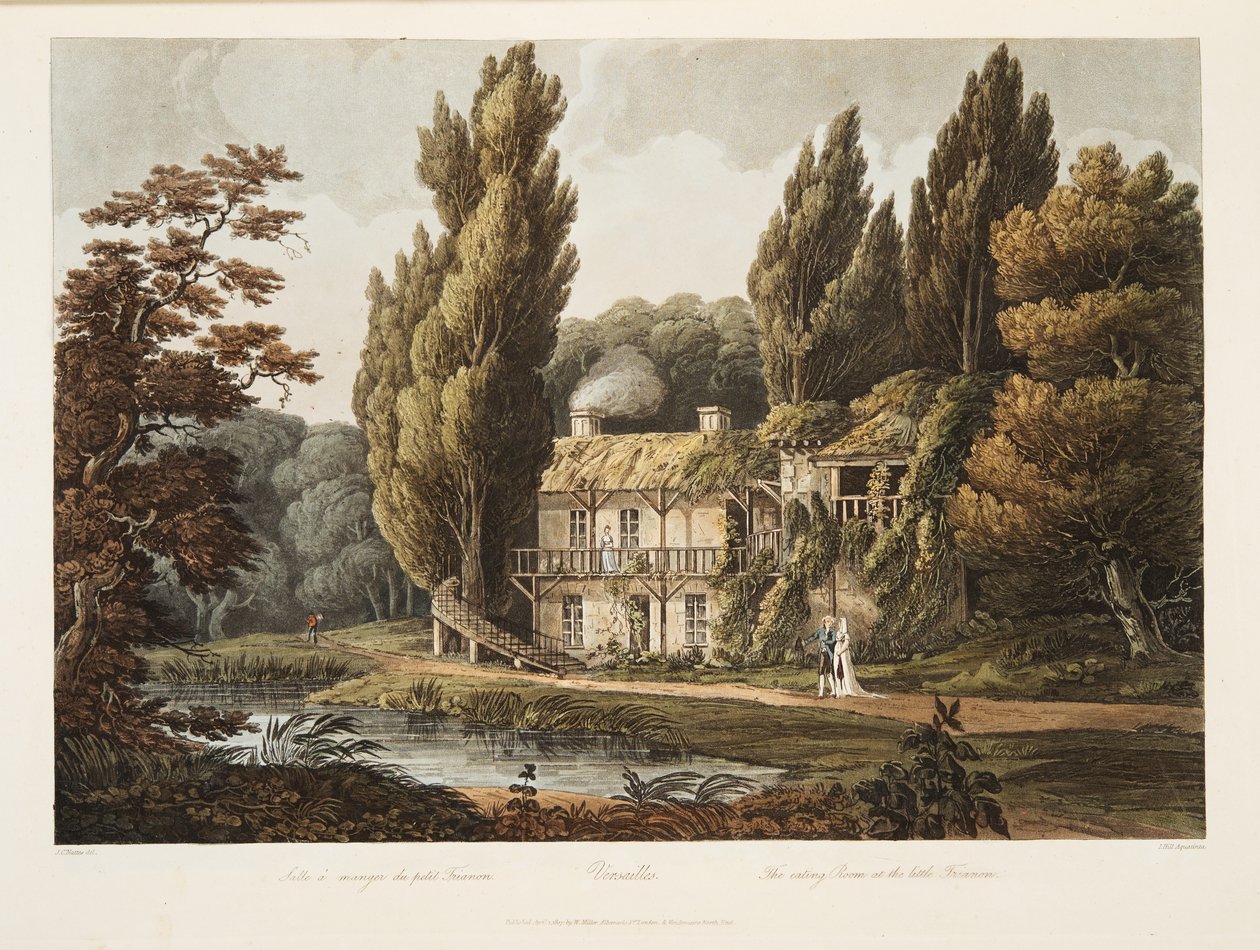 Versailles, The Eating Room at the Little Trianon, illustration fra Versailles, Paris og Saint Denis, pub. 1805 (akvatint) af John Claude Nattes