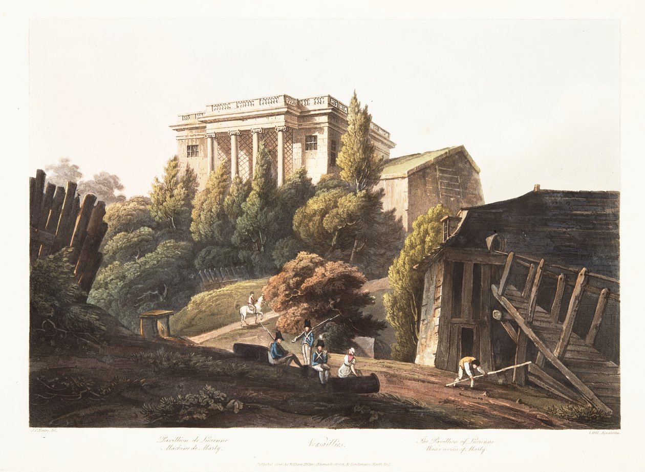 Versailles, Luciennes pavillon, Waterworks of Marly, illustration fra Versailles, Paris og Saint Denis, pub. 1806 (akvatint) af John Claude Nattes