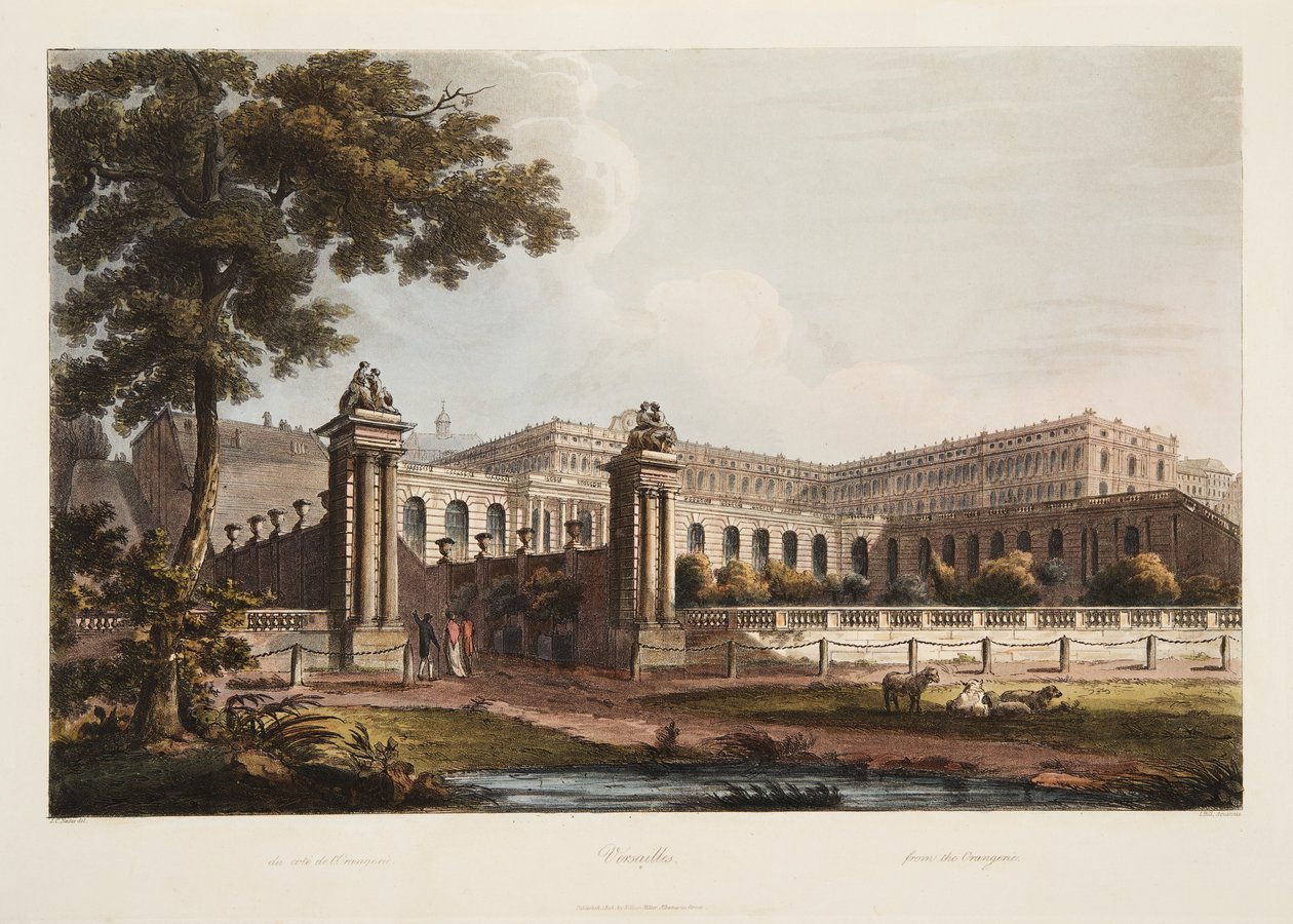 Versailles fra The Orangerie, illustration fra Versailles, Paris og Saint Denis, pub. 1805 (akvatint) af John Claude Nattes