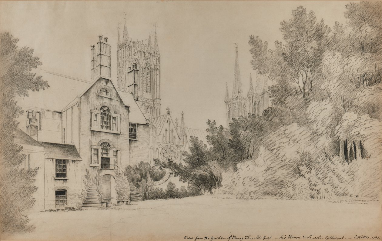 Udsigt fra haven til Henry Thorold, Esq., hans hus og Lincoln Cathedral af John Claude Nattes