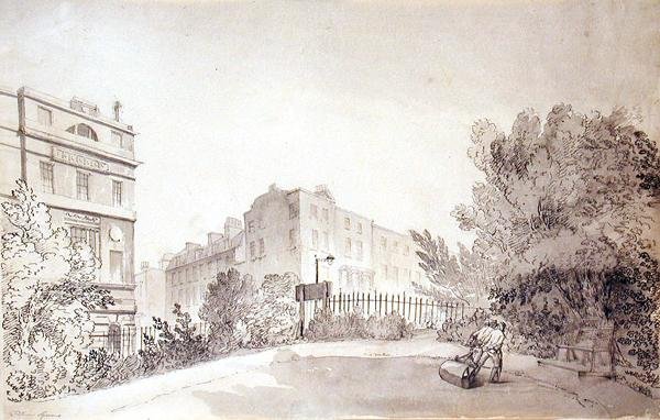 Udsigt over Fitzroy Square med to figurer, der trækker en haverulle, ca. 1808 (blæk og vask på papir) af John Claude Nattes