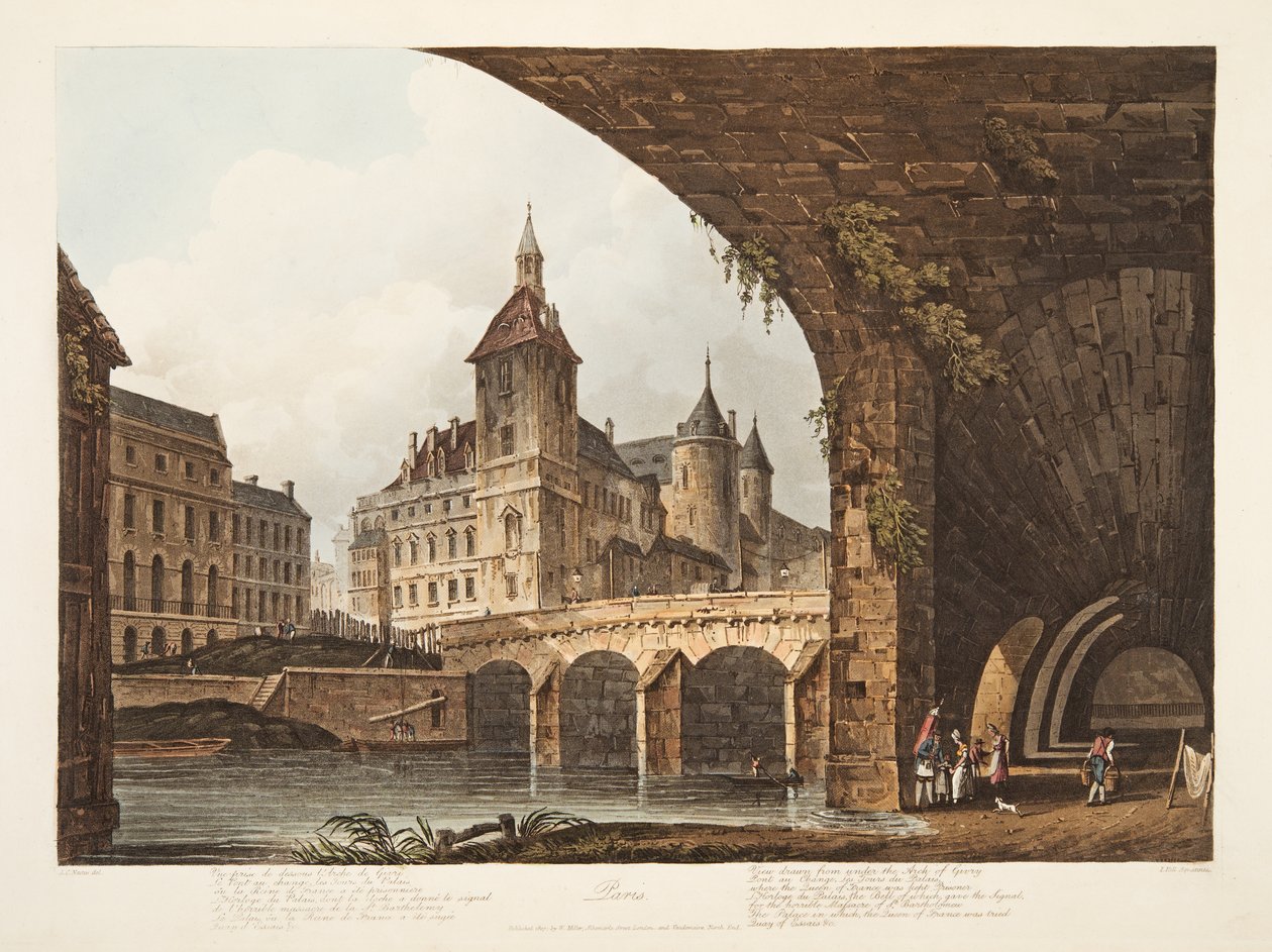 Udsigt over Pont-au-Change, Tour de lHorloge og Conciergerie, illustration fra Versailles, Paris og Saint Denis, pub. 1807 (akvatint) af John Claude Nattes