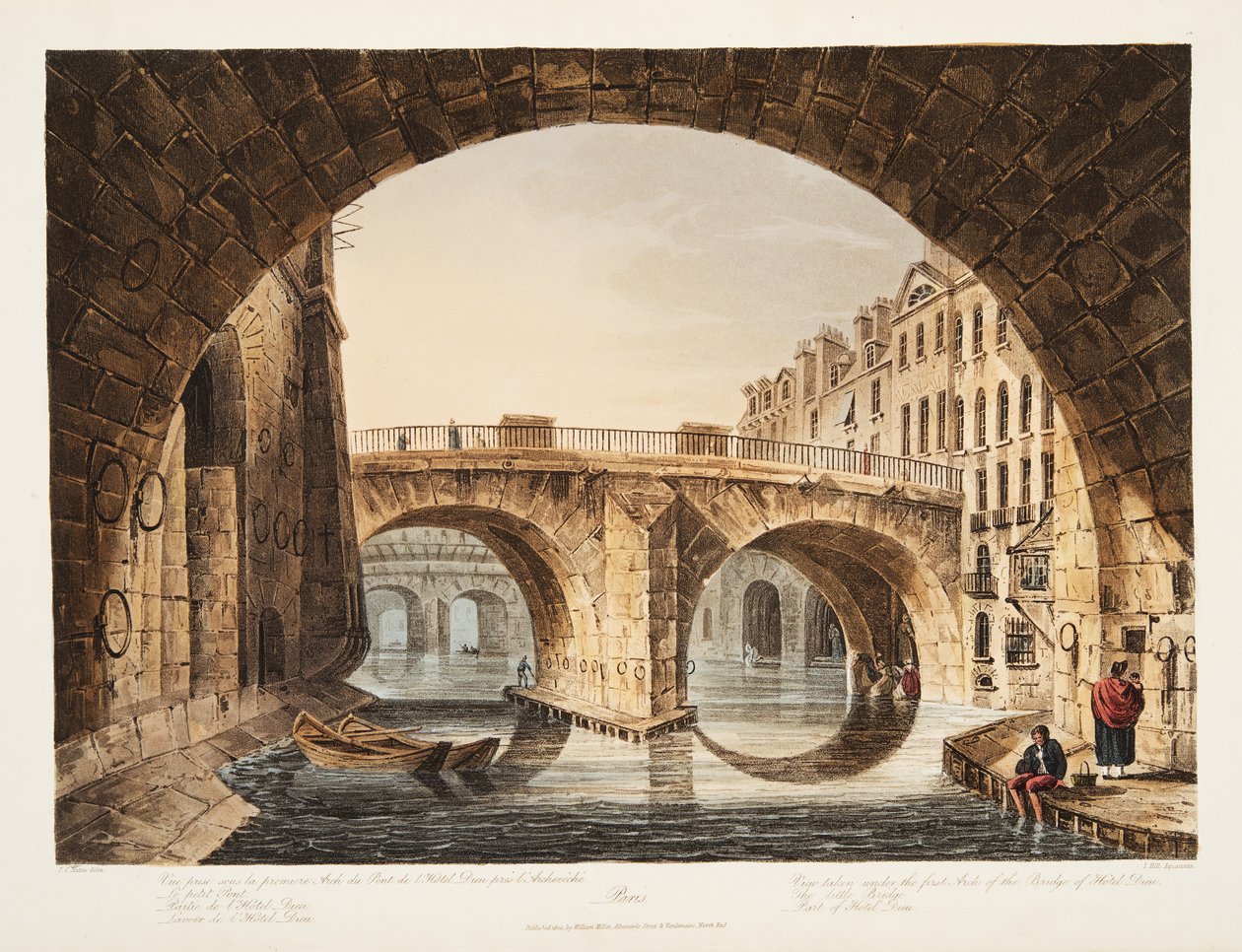 Udsigt taget fra under den første brobue af Hotel Dieu, den lille bro, en del af Hotel Dieu, illustration fra Versailles, Paris og Saint Denis, pub. 1809 (akvatint) af John Claude Nattes