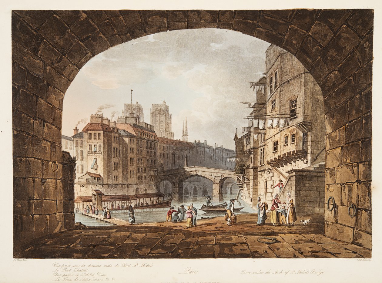 Fra under Arch of St Michels Bridge, illustration fra Versailles, Paris og Saint Denis, pub. 1805 (akvatint) af John Claude after Nattes