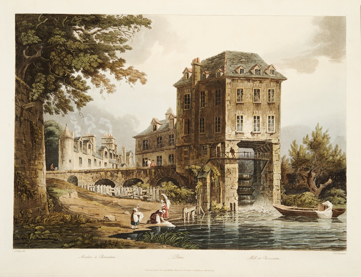 Mølle i Charenton, illustration fra Versailles, Paris og Saint Denis, pub. 1807 (akvatint) af John Claude after Nattes