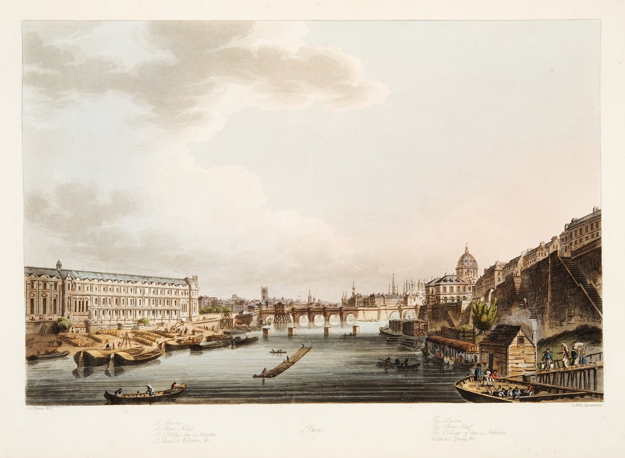 Louvre; Pont Neuf; De 4 Nationers Kollegium; Voltaires Quay, illustration fra Versailles, Paris og Saint Denis, pub. 1805 (akvatint) af John Claude after Nattes