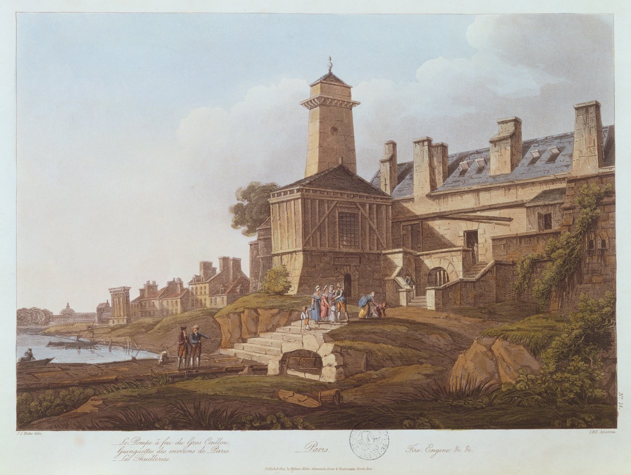 Damppumpen fra Gros-Caillou, 1810 (farveakvatint) af John Claude after Nattes