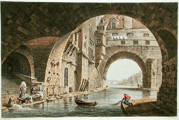 Vaskepladsen for Hotel-Dieu og Pont de la Tournelle, indgraveret af I. Hill, 1810 (akvatint) af John Claude after Nattes