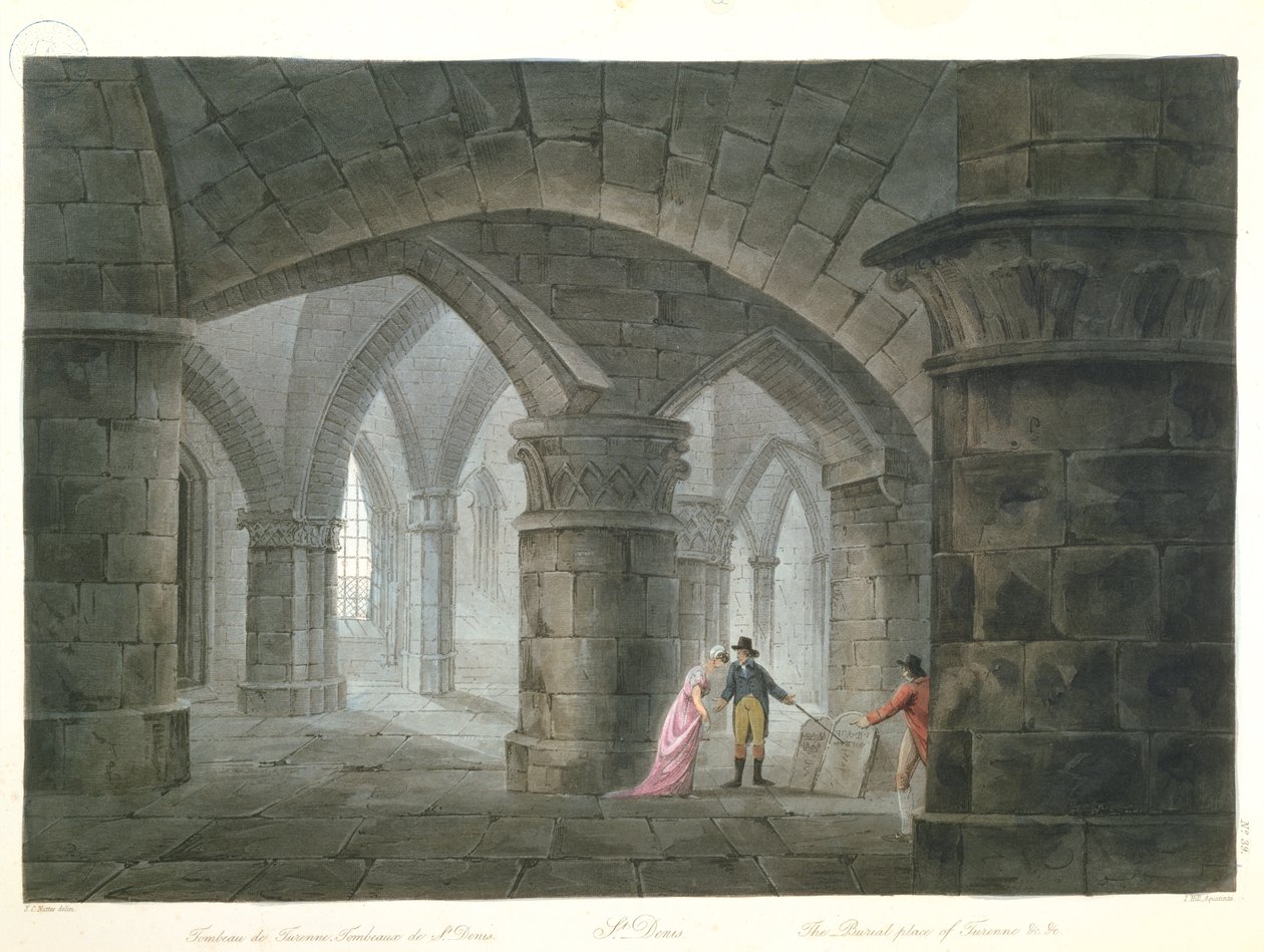 Turister besøger graven til Henri de La Tour dAuvergne (1611-75) Vicomte de Turenne i krypten til Saint-Denis kirke, 1809 (farvegravering) af John Claude after Nattes