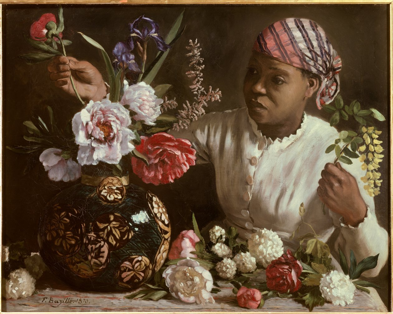 La negresse aux peonines Maleri af Frederic Bazille (1841-1870) 1870 Dim. 0,6x0,75 m Montpellier, musee Fabre - Den sorte kvinde med pæoner. Maleri af Frederic Bazille (1841-1870) af John Clayton Adams