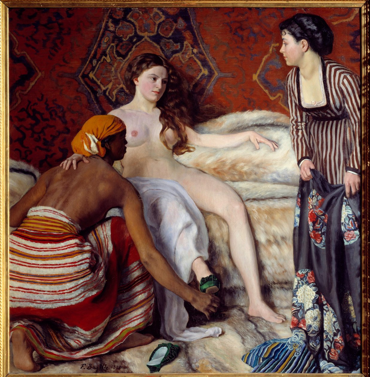 Orientalisme: "" Toilettet"" En ung hvid kvinde assisteret af sine to jomfruer har sit toilet. Maleri af Frederic Bazille (1841-1870) 1869 søn. 1,32x1,27 m Montpellier, Musee Fabre af John Clayton Adams