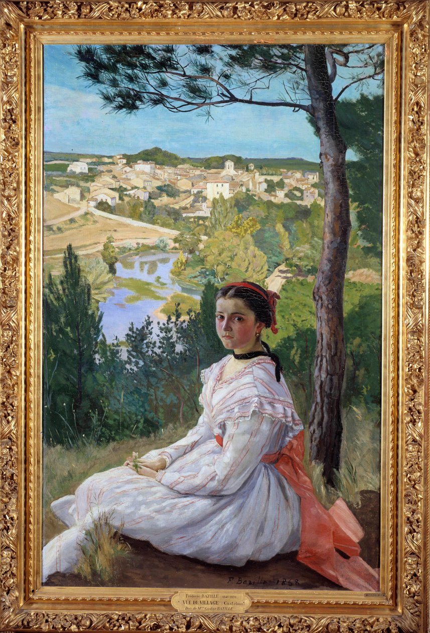 Landsbyudsigt Ung pige poserer i et landskab i Provence. Maleri af Frederic Bazille (1841-1870) 1868 søn. 1,3x0,89 m Montpellier, Musee Fabre af John Clayton Adams