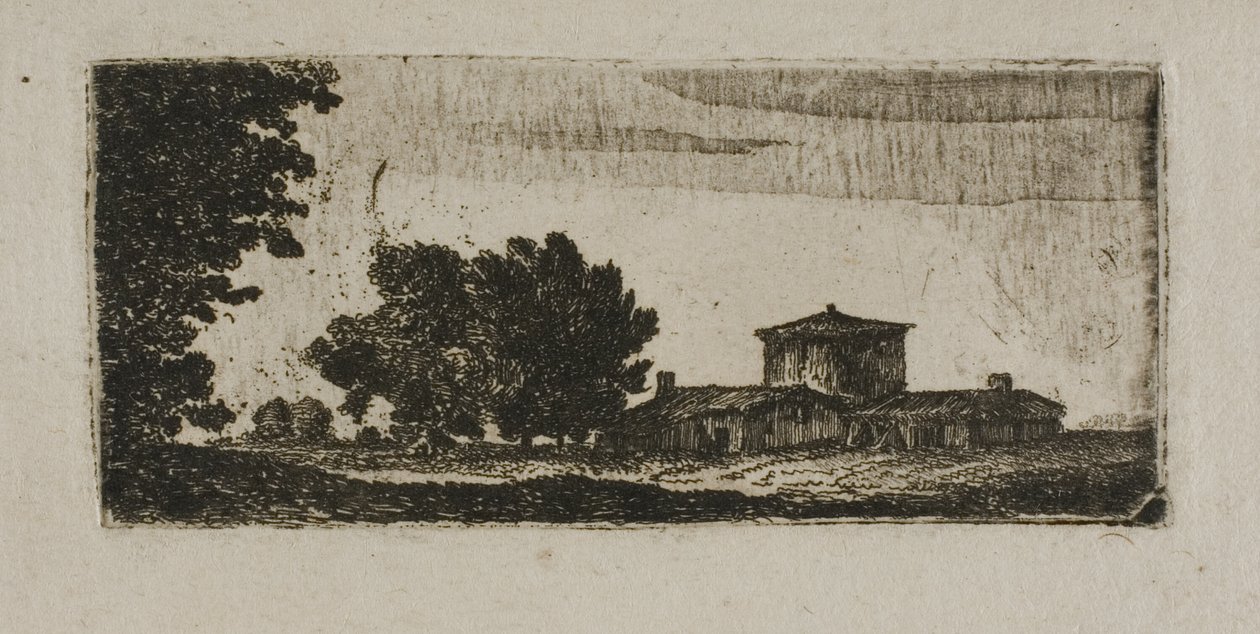 Træer og bygninger med lavt tårn af John Clerk of Eldin