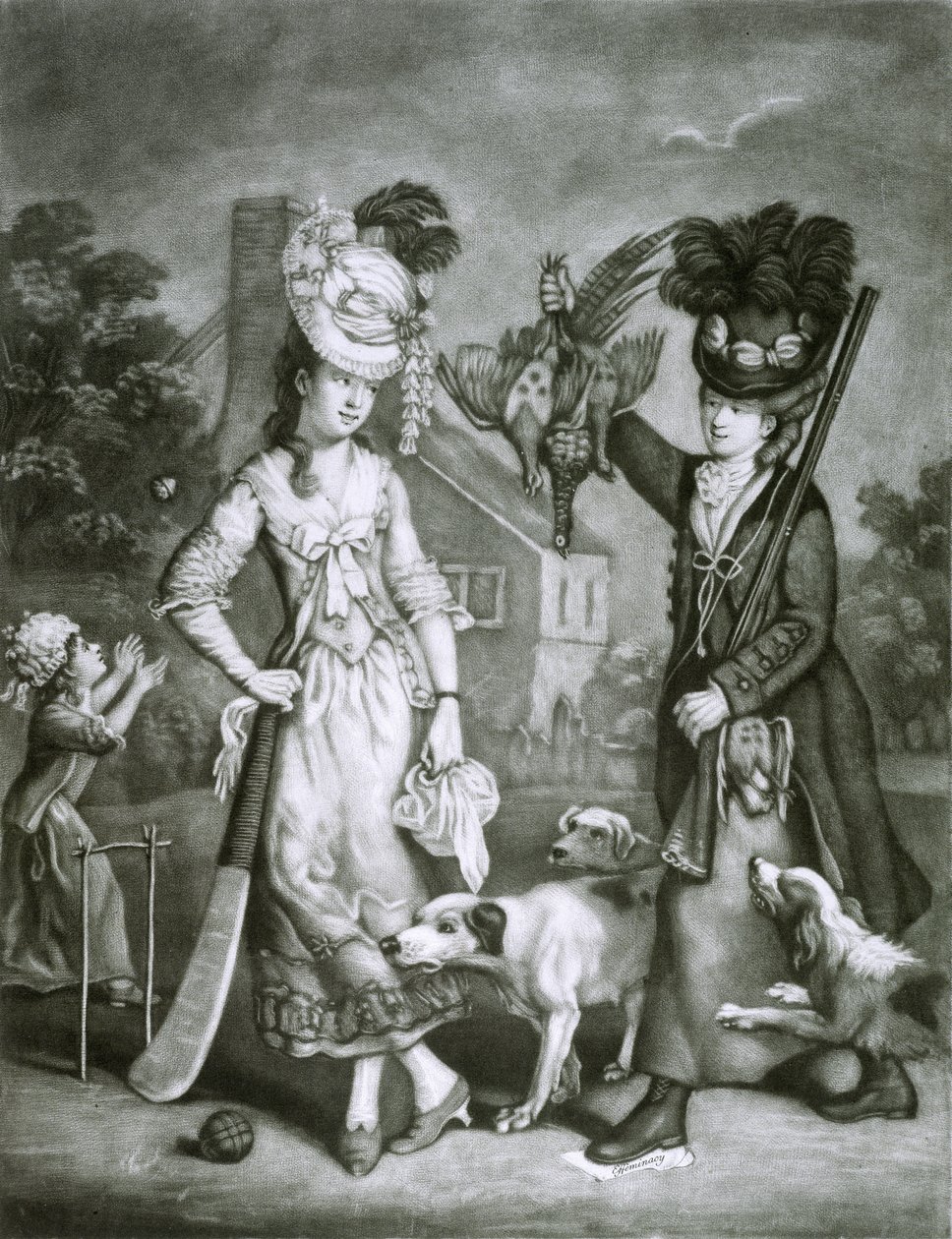 Miss Wicket og Miss Trigger, 1778 (mezzotint) af John Collet