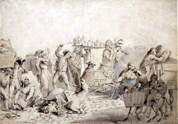Gadescene (pen og blæk med akvarel på papir) af John Collet