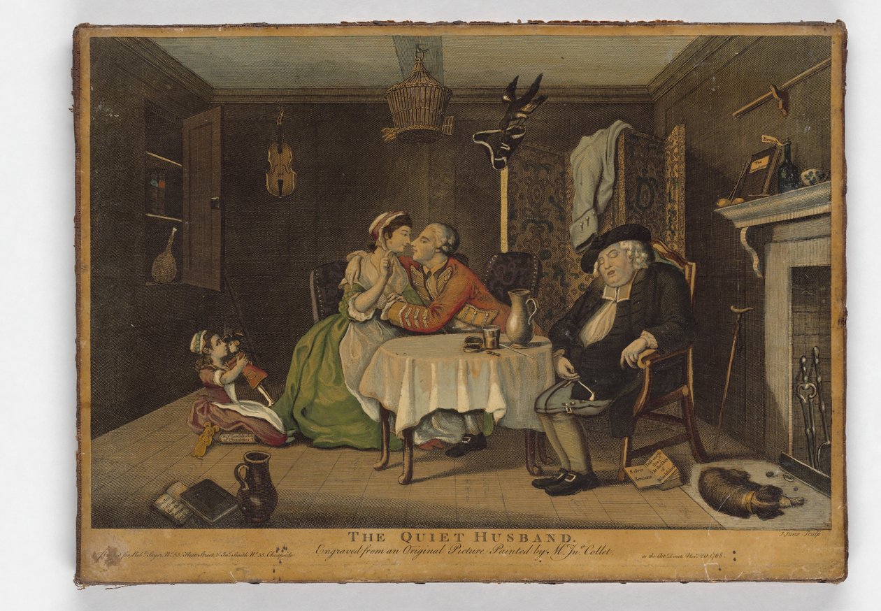 The Quiet Husband, tryk lavet af John June, ca. 1768 (håndkoloreret gravering) af John Collet