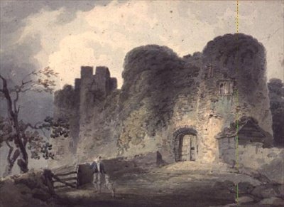 Indgangen til Carisbrooke Castle, med en ung mand og et lam stående ved en port af John Collins