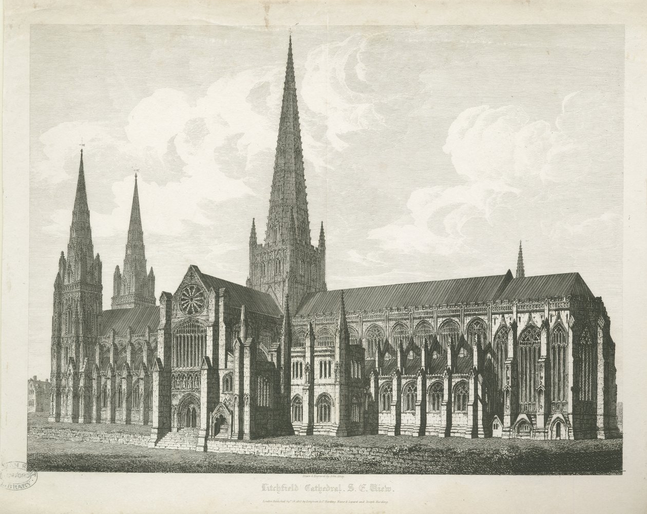 Lichfield Cathedral - South East View: gravering, nd [c 1823] (print) af John Coney