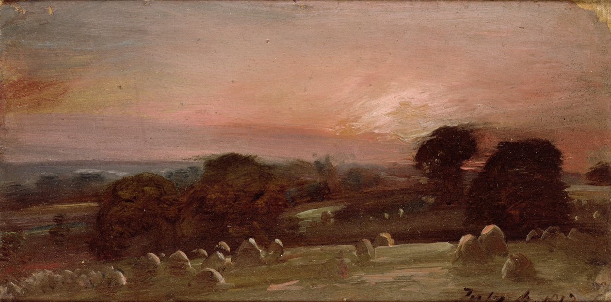 En hømark nær East Bergholt ved solnedgang af John Constable