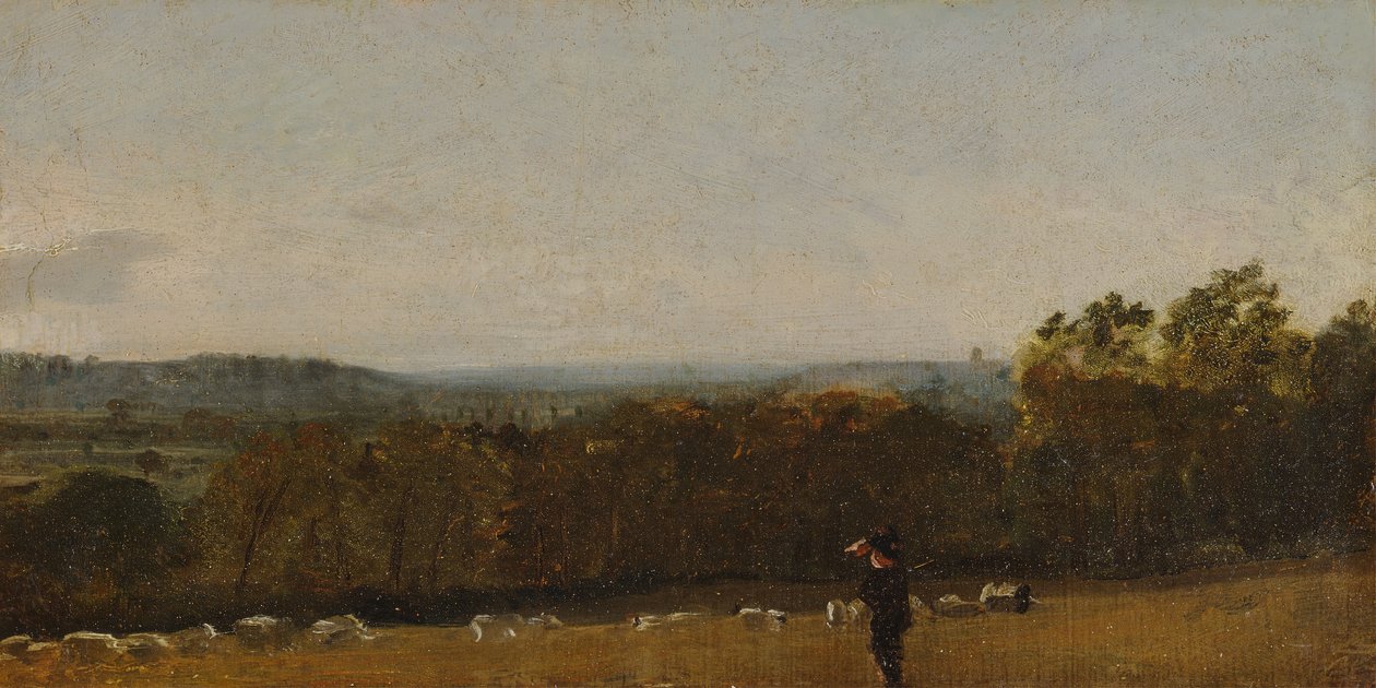 En hyrde i et landskab ser på tværs af Dedham Vale mod Langham, ca. 1811. af John Constable