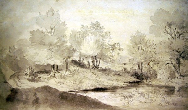En Suffolk Pond, med hytter i det fjerne (blyant og vask på papir) af John Constable