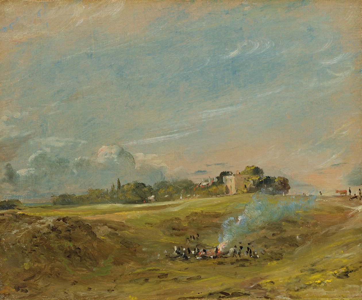 En udsigt over Hampstead Heath, med figurer rundt om et bål af John Constable